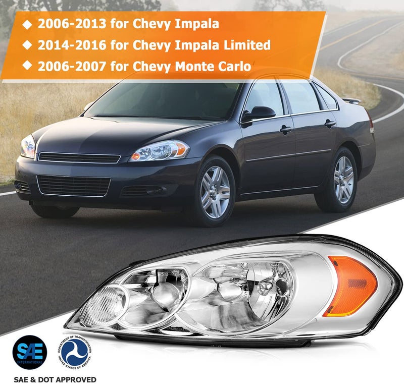 LBRST Headlight Assembly For Chevy Impala 2006-2013 For Chevy Impala Limited 2014-2016 For Chevy Monte Carlo 2006-2007 Chrome Housing Amber Reflector Clear Lens Driver and Passenger Side Headlamp - Image 2